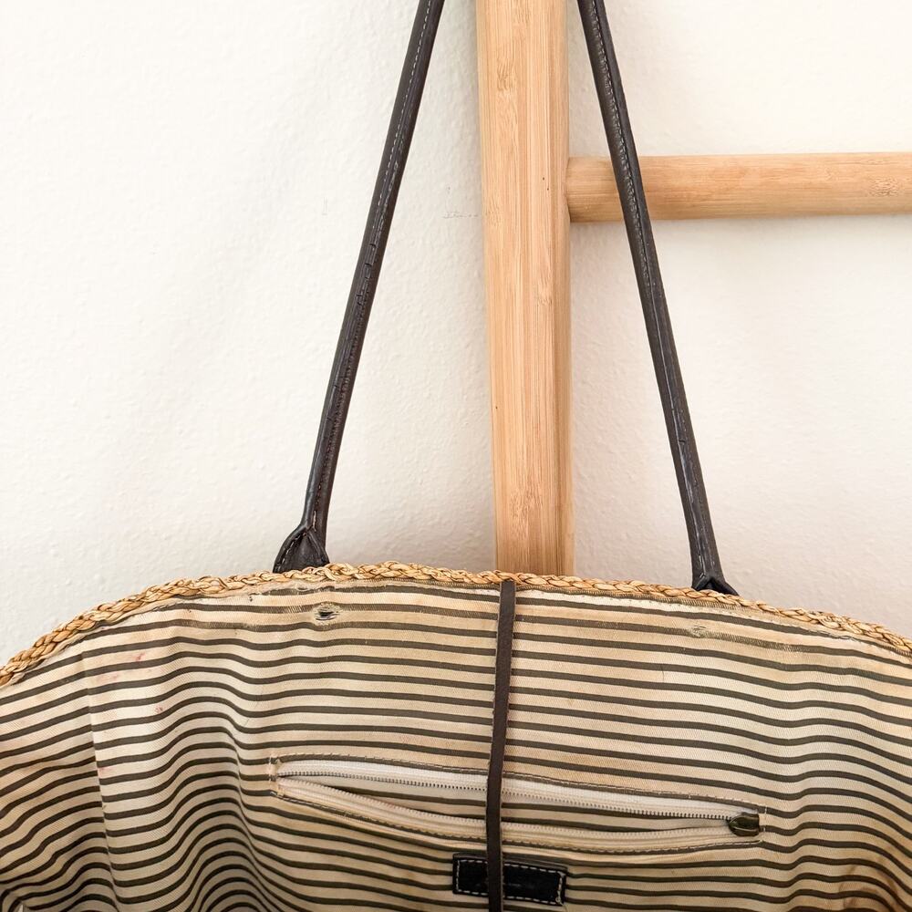 J.Crew Woven Straw Tote Bag Brown Leather Handles Large Beach Market Basket - Picture 12 of 13